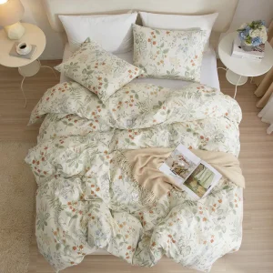Floral Cotton Duvet Cover Set in Green Color