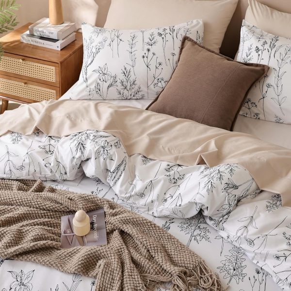 Floral Duvet Cover with Black Botanical Patterns queen, king & twin size