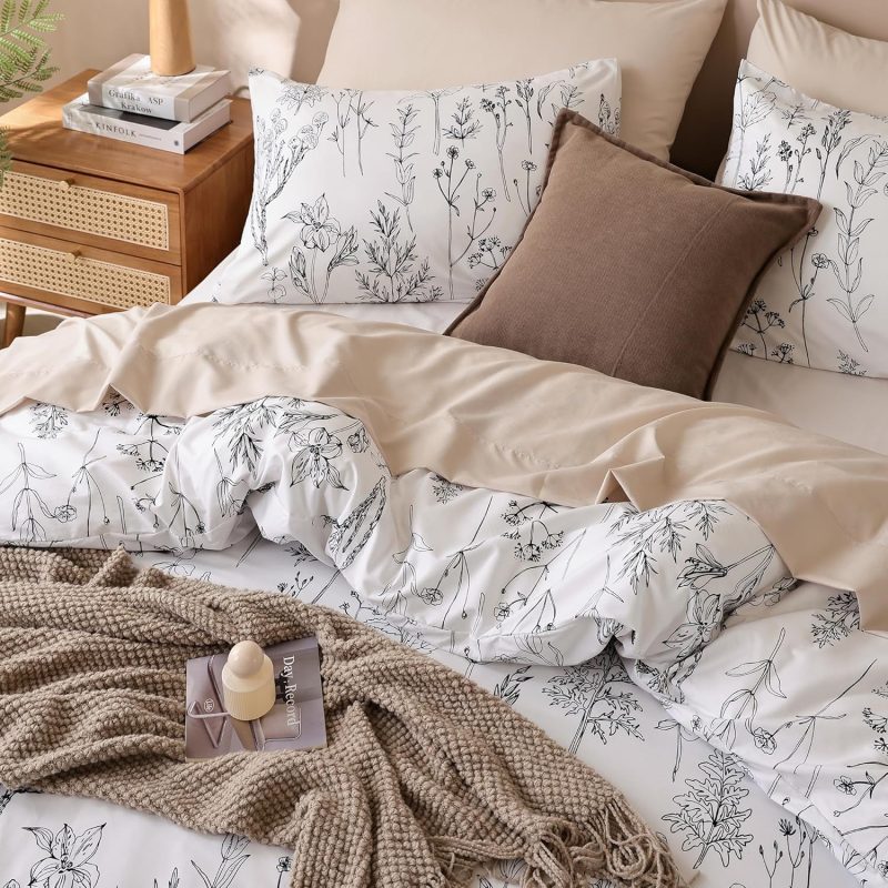 Floral Duvet Cover with Black Botanical Patterns queen, king & twin size