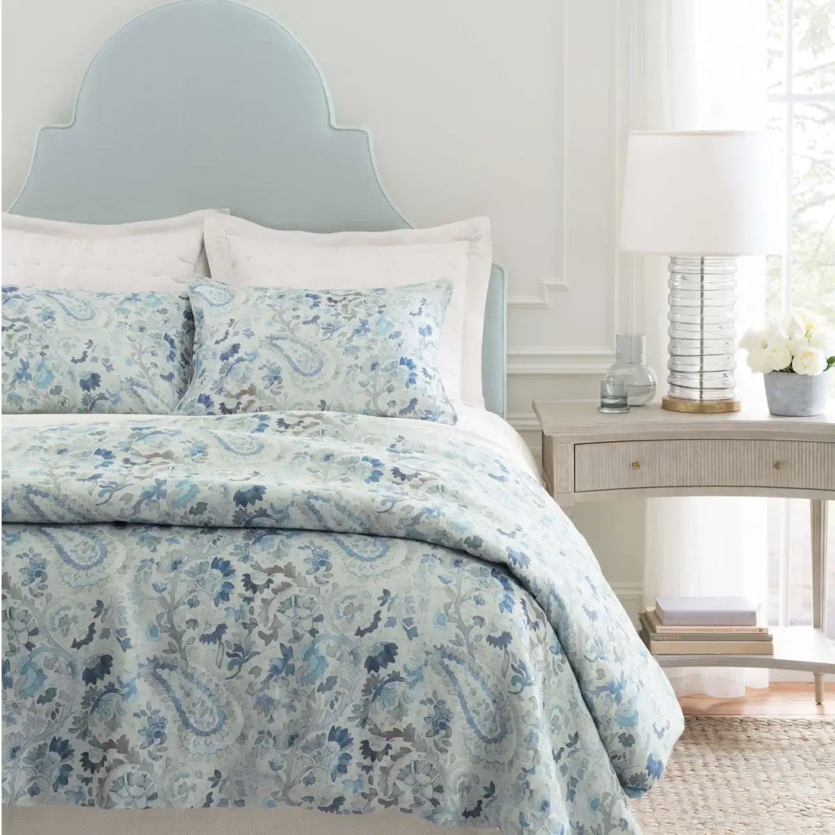 Floral Linen Duvet Cover in blue color