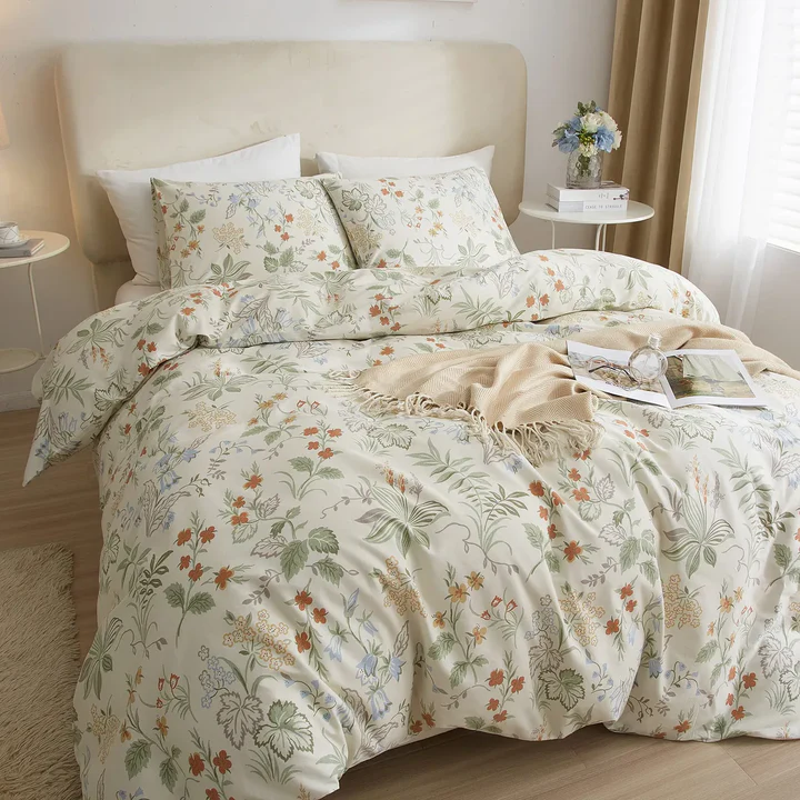 Green Floral 100% Cotton Duvet Cover Set with 2 Pillowcase