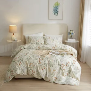 Green Floral Cotton Duvet Cover Set with 2 Pillowcase