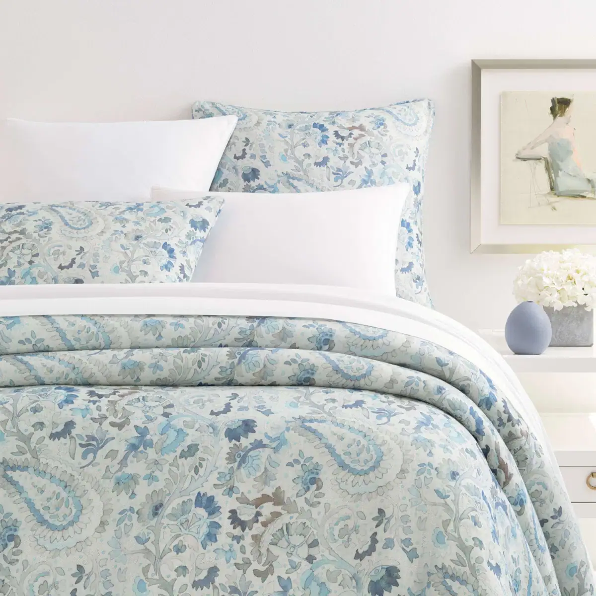 premium blue Floral Linen Duvet Cover
