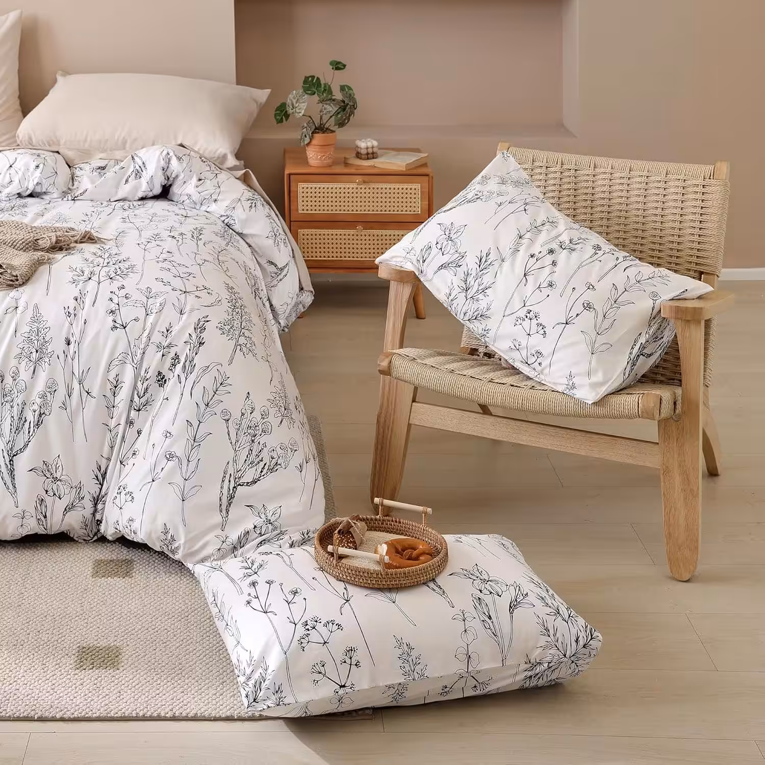 white Floral Duvet Cover with Black Botanical Patterns