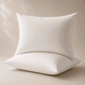 Two white eiderdown pillows stacked against a warm neutral backdrop