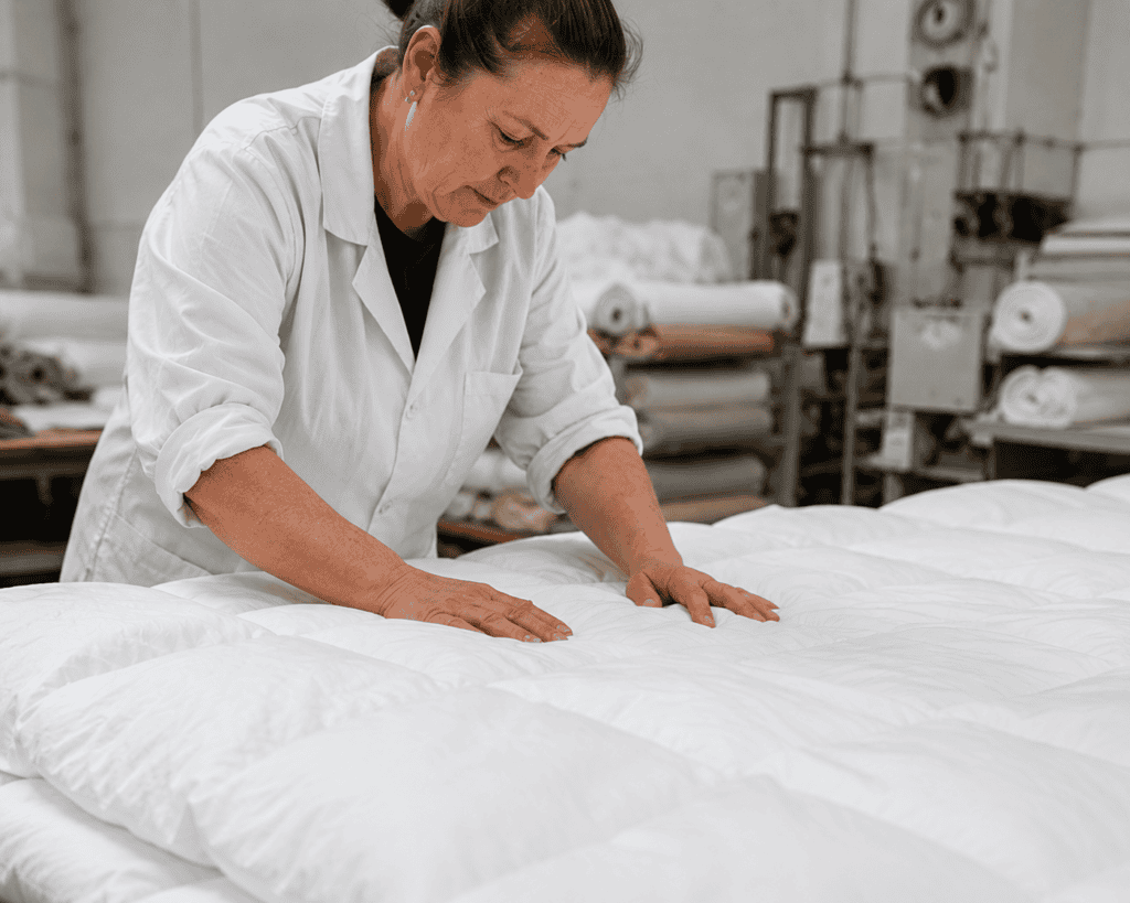 A maker checking a finished comforter in the Eiderdown workshop