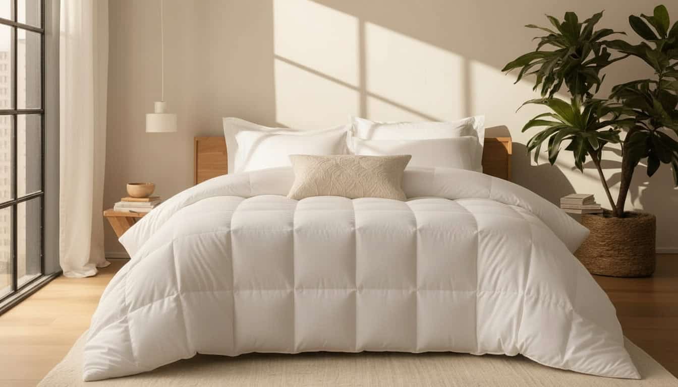 A bed made up with a pure white Icelandic eiderdown comforter in a sunlit bedroom