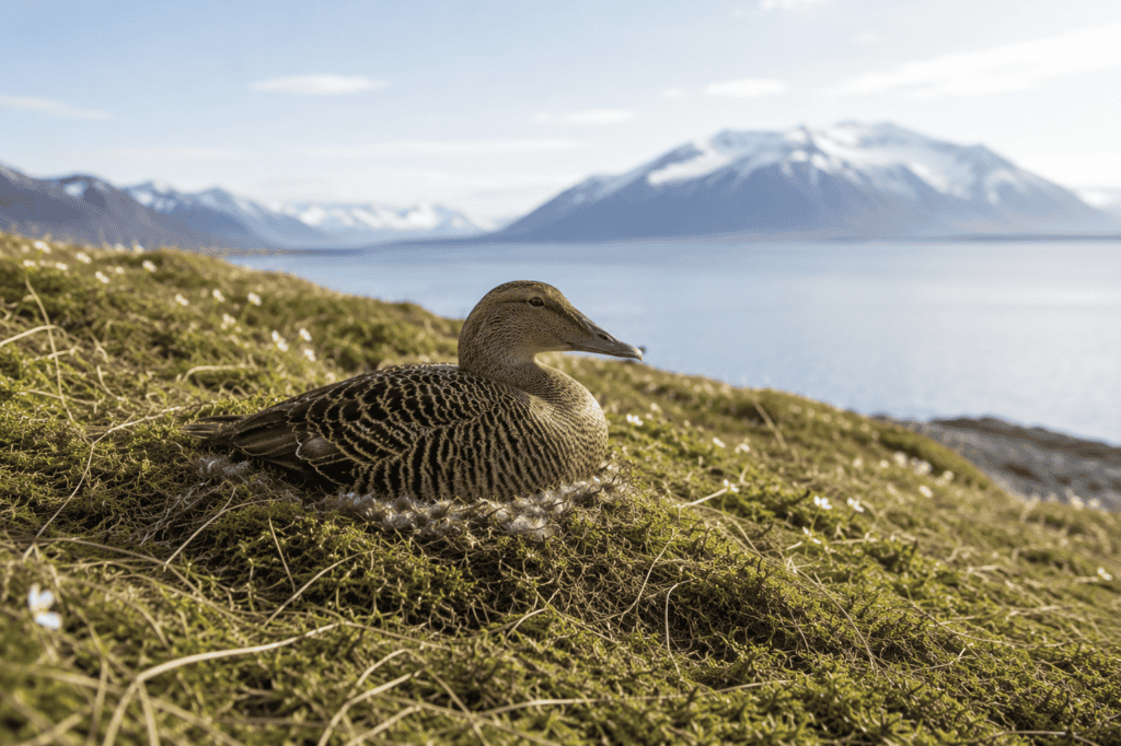 A female eider on her nest on the Icelandic coast